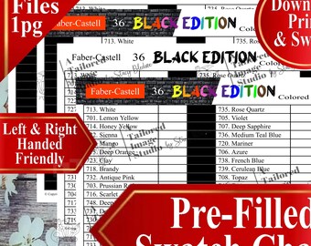 Faber Castell 36 Black Edition Colored Pencils (numbered 701-748) Swatch Charts (PDF Download)