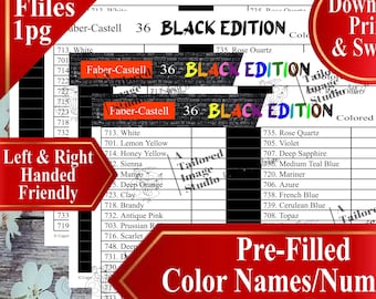 Faber Castell 36 Black Edition Colored Pencils (numbered 701-748) Swatch Charts (PDF Download)