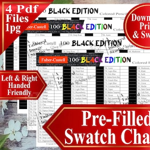 以下が含まれることがあります： Faber-Castell 100 Black Edition 色鉛筆用のプリフィルドスウォッチチャート。4つのPDFファイルと1つのJPGが含まれています。「ダウンロード、印刷、スウォッチ」オプション付き。色名と番号が記載されています。
