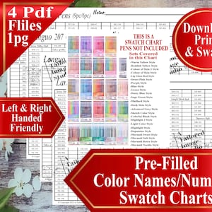 以下が含まれることがあります： 色見本チャート用の、あらかじめ入力された色名と番号が記載されたデジタルダウンロード。画像には「4つのPDFファイル、1ページ」と「左利きと右利きに対応」というテキストが含まれています。赤いバナーには「あらかじめ入力された色名/番号の色見本チャート」と書かれています。