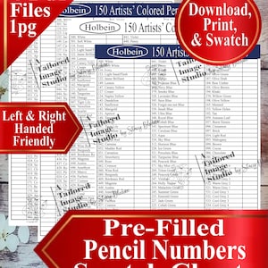 May include: A Holbein 150 Artists' Coloured Pencils swatch chart with pre-filled pencil numbers. The chart includes colour names and numbers, with a red banner that says "Download, Print, & Swatch". The chart is left and right-handed friendly.