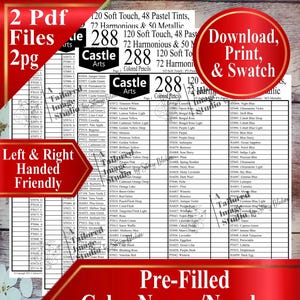 May include: A color chart with pre-filled color names and numbers for colored pencils. The chart includes 288 colors, with text that reads "Download, Print, & Swatch". The chart is left and right-handed friendly.