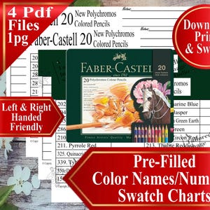 Peut inclure: Un nuancier numérique pour 20 crayons de couleur Faber-Castell Polychromos avec noms et numéros pré-remplis. Le document contient du texte tel que 4 Pdf Files, Download, Print, & Swatch, et Left & Right Handed Friendly.