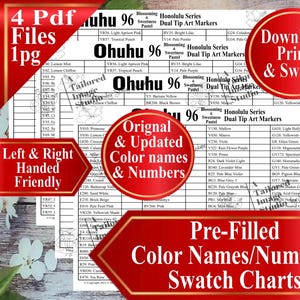 Può includere: Un download digitale con tabelle di campioni di colore per pennarelli artistici a doppia punta Ohuhu 96. I grafici includono nomi e numeri di colore originali e aggiornati, con nomi e numeri di colore precompilati. L'immagine ha banner rossi con testo bianco.