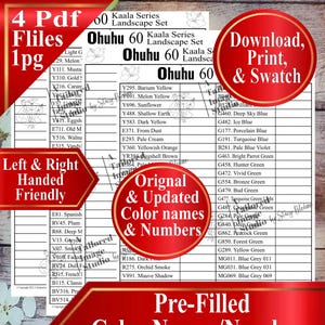 May include: A printable PDF with color swatches for Ohuhu 60 Kaala Series markers. The image features a chart with color names and numbers, including "Download, Print, & Swatch" text. The chart is designed to be left and right-handed friendly.