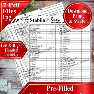 May include: Two PDF files with pre-filled colour swatch charts for Stabilo 88 Fineliner Pens. The charts include colour names and numbers, with text that reads "Download, Print, & Swatch" and "Left & Right Handed Friendly."