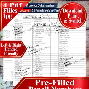 Lápices de colores Derwent 72 Procolour: Tablas de muestras de familias de colores (Descarga PDF)