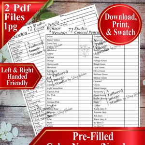 May include: Two printable color swatch charts for 72 colored pencils. The charts are labeled "Studio & Newton 72 Colored Pencils" and include color names and numbers. The charts are pre-filled with color names and numbers.
