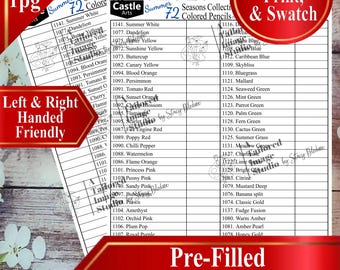 May include: A digital swatch chart for 72 Castle Arts colored pencils, featuring two PDF pages with pre-filled color names and numbers. The document includes columns for tracking colors, labeled as Summer Seasons Collection, and is designed for both left and right-handed users.