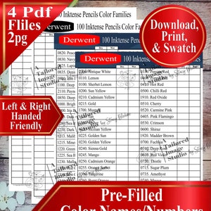 Derwent 100 Inktense Buntstifte Farbfamilien Swatch Charts