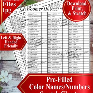 May include: A digital swatch chart document for 150 colored pencils, featuring a grid with pre-filled color names and numbers. The document includes text labels such as 2 Pdf Files, Download, Print, & Swatch, Left & Right Handed Friendly, and Pre-Filled Color Names/Numbers Swatch Charts.