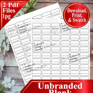 May include: Two white printable swatch chart sheets with multiple rectangular boxes for colour swatches. The sheets have the text "Unbranded Blank Swatch Charts" and "Download, Print, & Swatch". The image also includes the text "2 Pdf Files 1pg".