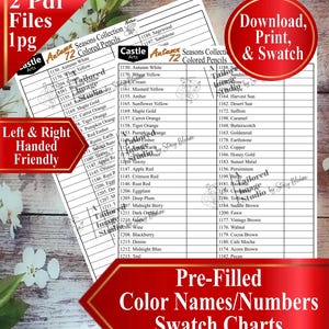 May include: Two white paper swatch charts for 72 Castle Arts colored pencils from the Autumn Seasons collection. The charts feature columns for pencil numbers and color names, with blank spaces for swatching. Text includes 2 Pdf Files 1pg, Download, Print, & Swatch, Left & Right Handed Friendly, and Pre-Filled Color Names/Numbers Swatch Charts.