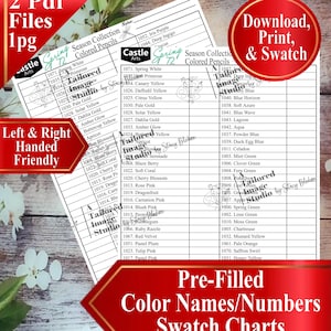 May include: A printable colour swatch chart for coloured pencils, listing colour names and numbers. The chart includes a red banner with the text "Download, Print, & Swatch" and another with "Pre-Filled Color Names/Numbers Swatch Charts."