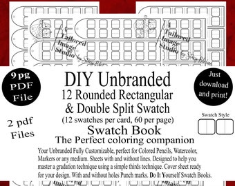 May include: A digital download featuring a 9-page PDF file containing templates for a DIY unbranded swatch book. The templates include rounded rectangular and double split swatch cards with 12 swatches per card and 60 per page, including options with and without hole punch marks.