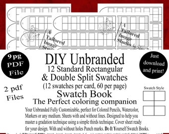 May include: A 9-page PDF file containing DIY unbranded swatch book templates. The document features 12 standard rectangular and double split swatches per card, with 60 swatches per page. Includes sheets with and without lines and punch marks.