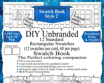 May include: A digital DIY swatch book template featuring 12 standard rectangular swatches per card and 60 per page. The document includes 4 PDF files with 9 pages each, offering hole punch marks for left, right, or center alignment options.