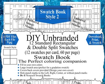 May include: A digital swatch book template featuring 12 standard rectangular and double split swatches per card, with 60 swatches per page. The document includes 4 PDF files, each with 9 pages, offering hole punch marks and customizable cover designs.