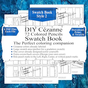 May include: A black and white printable swatch book for 72 colored pencils. The book features the text "DIY Cézanne 72 Colored Pencils Swatch Book" and "The Perfect coloring companion". The book includes a large swatch area, covers that can be colored, and hole punch marks for different binding options.