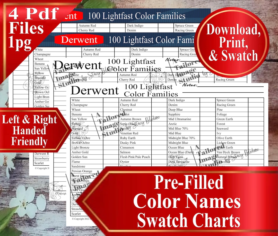 Derwent 100 Lightfast Colored Pencils Color Families Swatch Charts (PDF ...