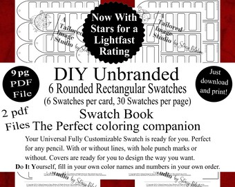 May include: A 9-page PDF file containing DIY unbranded swatch book templates. The pages feature 6 rounded rectangular swatches per card, totaling 30 swatches per page, with hole punch marks and space for lightfast ratings and color names.