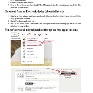 May include: Screenshot showing instructions on how to download digital files from Etsy. The steps include going to Purchases and Reviews and selecting Download Files. The image also shows a digital hand drawn watercolor floral clipart.