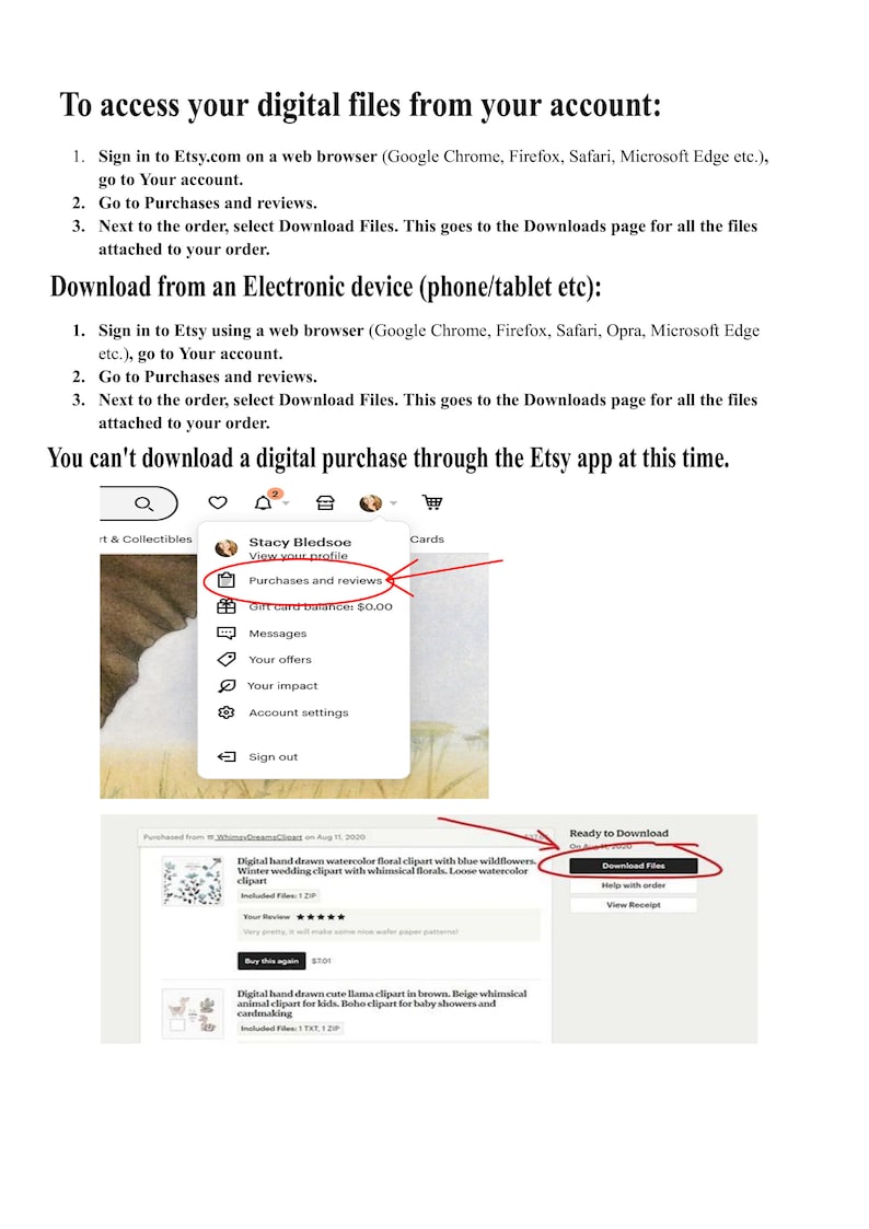 May include: Screenshot showing instructions on how to download digital files from Etsy. The steps include going to Purchases and Reviews and selecting Download Files. The image also shows a digital hand drawn watercolor floral clipart.
