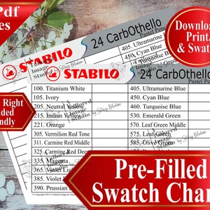 May include: Pre-filled swatch charts for 24 Stabilo CarbOthello pastel pencils. The charts are organized by color, with the color name and number listed next to each swatch. The charts are designed to be printed and used as a reference guide for artists.