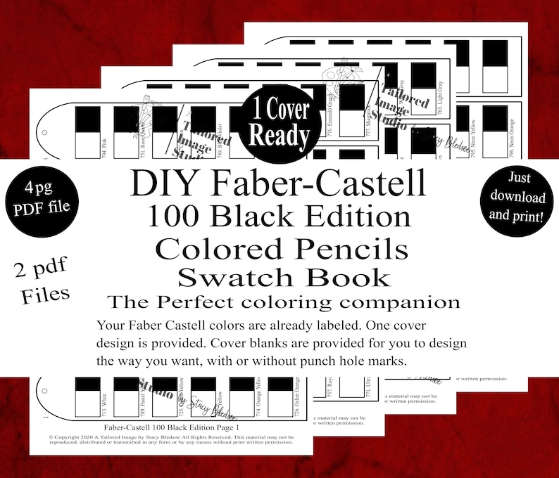 May include: DIY Faber-Castell 100 Black Edition Colored Pencils Swatch Book. The perfect coloring companion. Your Faber Castell colors are already labeled. One cover design is provided. Cover blanks are provided for you to design the way you want, with or without punch hole marks.