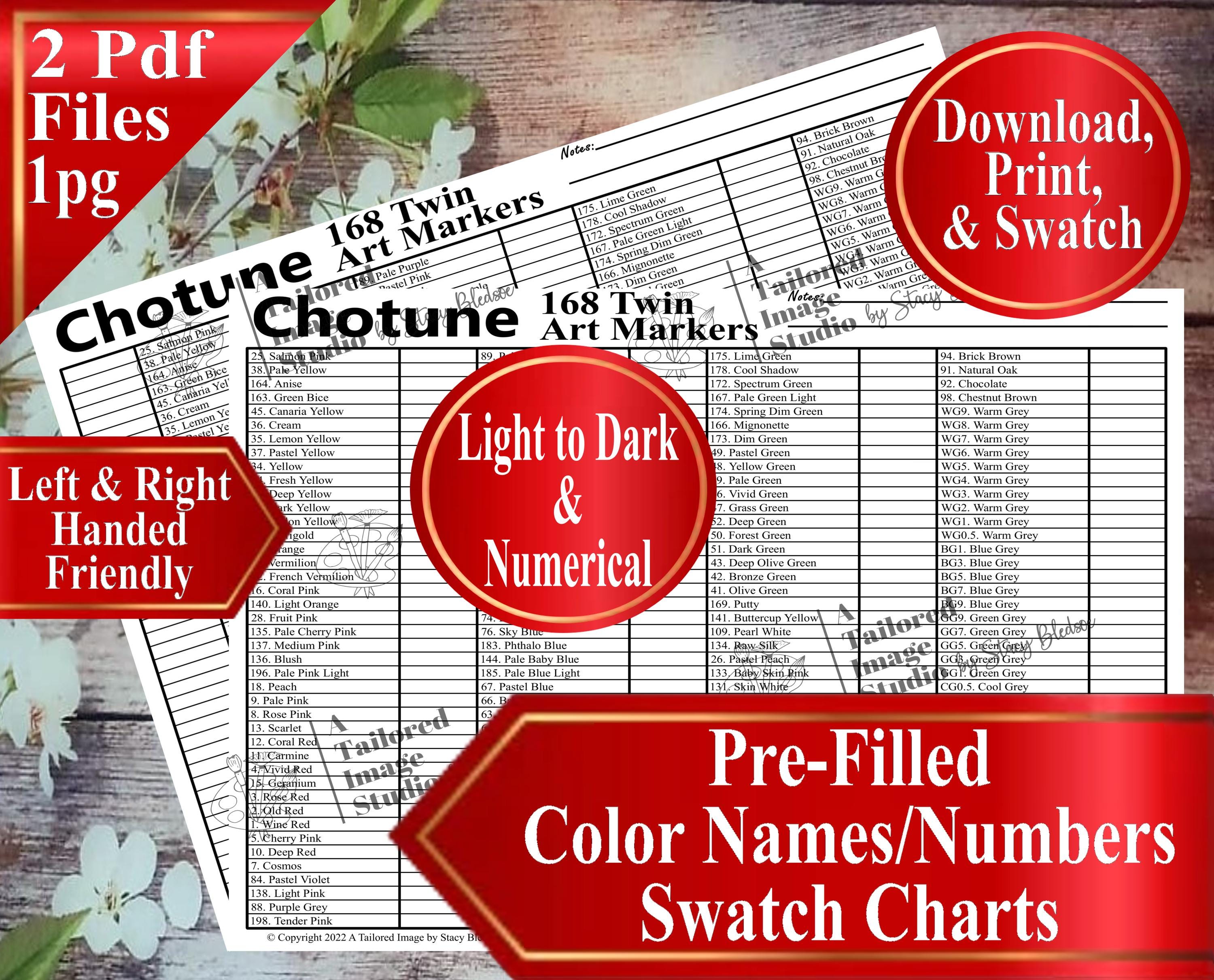 Chotune 168 Twin Art Sketch Markers Swatch Charts (PDF Download