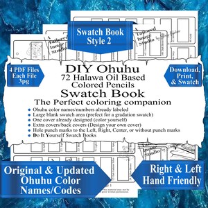 Könnte beinhalten: Ein DIY Ohuhu 72 Halawa Farbstift-Farbmusterbuch-Set, bestehend aus vier PDF-Dateien mit je drei Seiten. Die Seiten enthalten beschriftete Farbnamen, Nummern, große leere Farbfelder sowie anpassbare Cover-Designs für die Gestaltung.