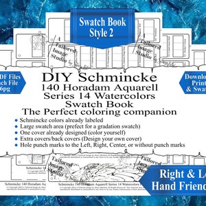 Könnte beinhalten: Schwarzweißes druckbares Farbmusterbuch für Schmincke 140 Horadam Aquarell Serie 14 Wasserfarben. Das Buch enthält 6 Seiten mit großen Farbmusterflächen, vorbeschrifteten Farben und Lochung für eine einfache Organisation.  DIY Schmincke 140 Horadam Aquarell Series 14 Watercolors Swatch Book The Perfect coloring companion Download, Print, & Swatch Right & Left Hand Friendly