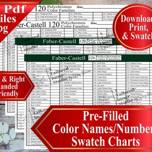 May include: A digital swatch chart document for Faber-Castell 120 Polychromos pencils, featuring a grid layout with pre-filled color names and numbers. The document includes text labels for 4 PDF files, download instructions, and left and right-handed friendly layouts.