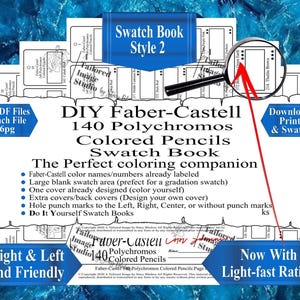 Peut inclure: Un carnet d'échantillons DIY pour 140 crayons de couleur Faber-Castell Polychromos, comprenant quatre fichiers PDF de six pages chacun. Le design inclut des noms de couleurs, numéros, indices de résistance à la lumière et zones vierges.