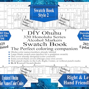 Pode incluir: Um livro de amostras de marcadores de álcool DIY Ohuhu 320 Honolulu Series branco com o texto "Swatch Book Style 2". O livro inclui nomes de cores, áreas de amostra em branco e capas extras. O texto "Updated 2025" também é visível.