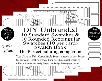 May include: A digital DIY swatch book template featuring 10 standard and 10 rounded rectangular swatches per card. The black and white graphic includes text: DIY Unbranded 10 Standard Swatches & 10 Rounded Rectangular Swatches, 5pg PDF File, 2 pdf Files.