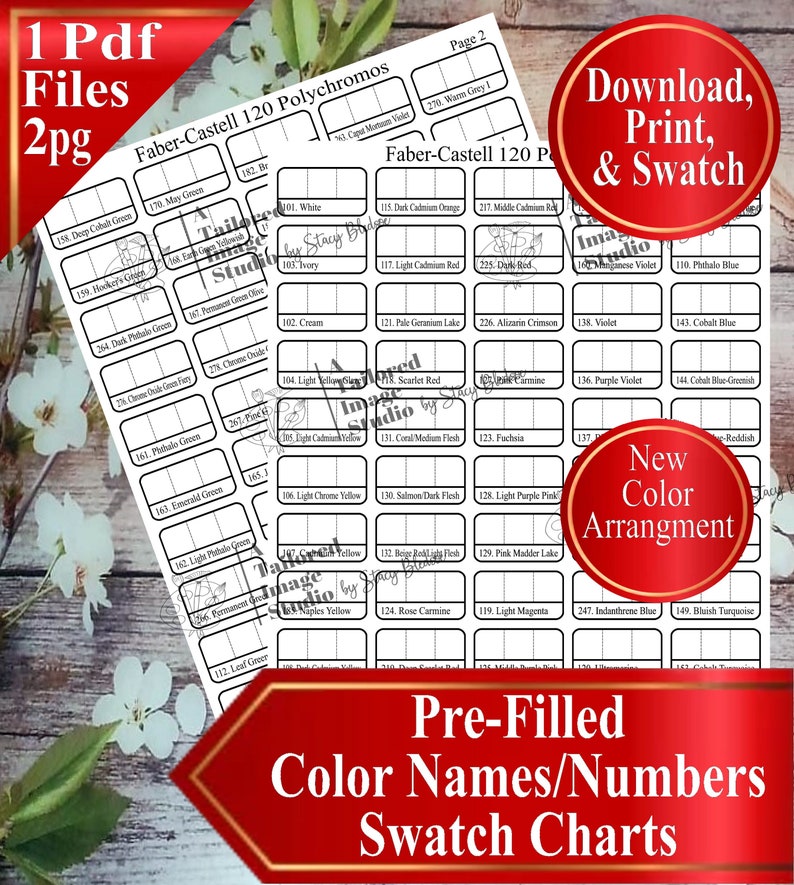 May include: A set of two printable PDF swatch charts for Faber-Castell Polychromos colored pencils. The charts feature the color names and numbers for each of the 120 colors in the set. The charts are designed to help artists and crafters organize their pencils and find the colors they need quickly.