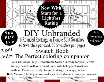 May include: A 9-page PDF file containing DIY unbranded swatch book templates with rounded rectangular double split swatches, featuring star icons for lightfast ratings, hole punch marks, and space for custom color names and numbers.