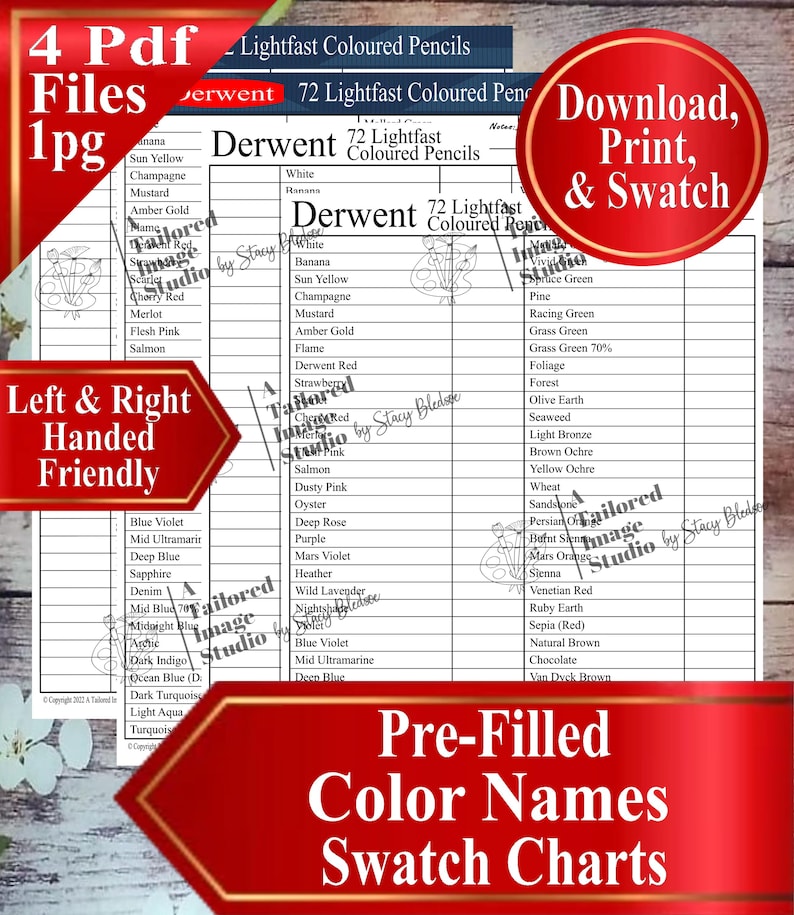 Derwent 72 Lightfast Colored Pencils Swatch Chart (PDF Download) - Etsy