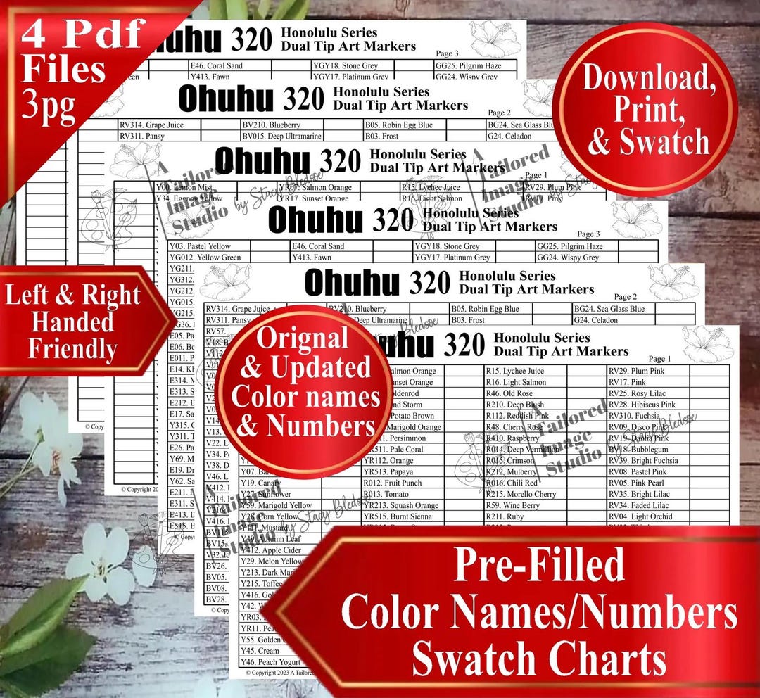 Ohuhu 320 Honolulu Series Dual Tip Markers Swatch Charts (PDF