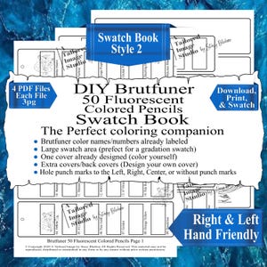 Puede incluir: Un libro de muestras imprimible en blanco y negro para 50 lápices de colores fluorescentes. El libro incluye nombres y números de colores, un área de muestra grande y marcas de perforación para una fácil organización. El texto "DIY Brutfuner 50 Fluorescent Colored Pencils Swatch Book" se muestra en una fuente grande.