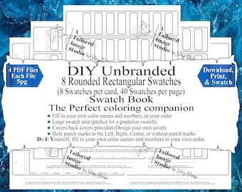 May include: A digital template for a DIY swatch book featuring 8 rounded rectangular swatches per card and 40 swatches per page. The document includes text detailing 4 PDF files, hole punch marks, and instructions to fill in color names and numbers.