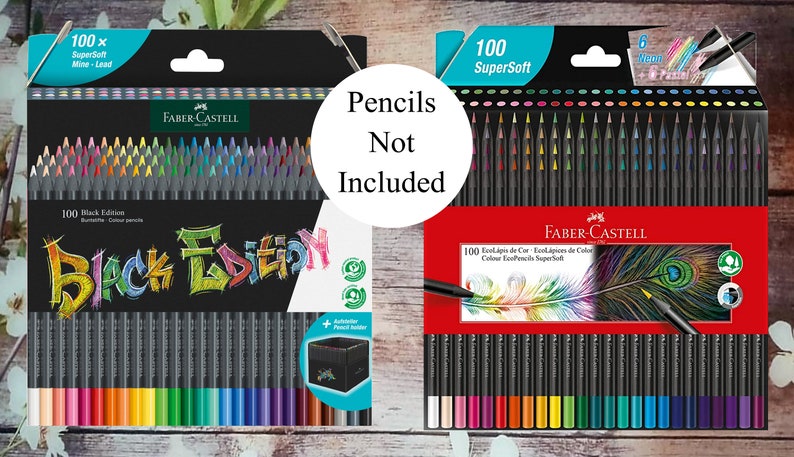 May include: Two sets of 100 colored pencils in black packaging. The set on the left is labeled "Black Edition" and the set on the right is labeled "SuperSoft". The pencils are not included.