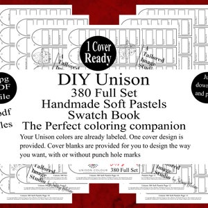 May include: A printable DIY Unison 380 Full Set Handmade Soft Pastels Swatch Book. The book includes 14 pages of color swatches and a cover design. The text "DIY Unison 380 Full Set Handmade Soft Pastels Swatch Book" is in large, bold letters. The text "The Perfect coloring companion" is in smaller letters below the title. The text "Just download and print!" is in a circle in the upper right corner of the image.
