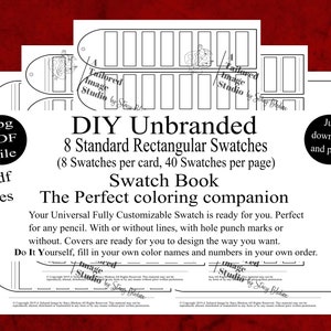Op de afbeelding: Een zwart-wit printbaar kleurstaalboek met de titel "DIY Unbranded 8 Standard Rectangular Swatches (8 Swatches per card, 40 Swatches per page) Swatch Book The Perfect coloring companion". Het boek is ontworpen om aangepaste kleurstalen te maken.