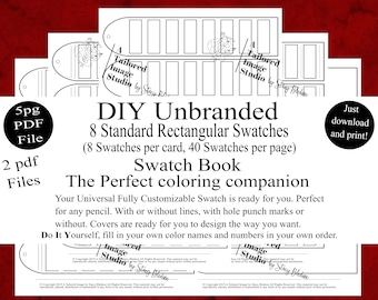 May include: A digital download file featuring DIY unbranded swatch book templates with eight rectangular swatches per card and forty per page. The black and white document includes text such as DIY Unbranded, 8 Standard Rectangular Swatches, Swatch Book, and The Perfect coloring companion.