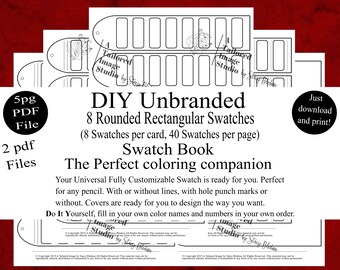 May include: A digital DIY unbranded swatch book template featuring 8 rounded rectangular swatches per card and 40 swatches per page. The document includes text labels such as DIY Unbranded, 8 Rounded Rectangular Swatches, and Swatch Book.