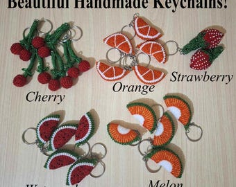 Handmade Crocheted Seed Bead Fruit Keychain: Strawberry, Cherry, Watermelon
