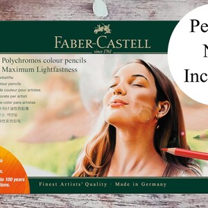 May include: A dark green box of Faber-Castell Polychromos color pencils. The box features an image of a woman with long brown hair. Text on the box includes "102 Polychromos colour pencils" and "Maximum Lightfastness". The text "Pencils Not Included" is also present.