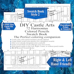 以下が含まれることがあります： 72色の色鉛筆用の白黒の印刷可能なカラーチャートブック。この本には、「DIY Castle Arts 72 Harmonius Colored Pencils Swatch Book The Perfect coloring companion」というタイトルページと機能のリストが含まれています。この本は、右利きと左利きの両方のユーザー向けに設計されています。